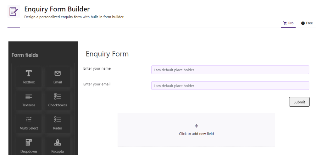 Pro form builder Enquiry Form builder